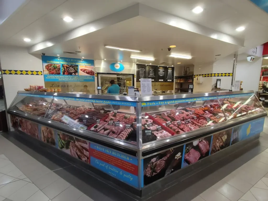 a meat display case in a butchery