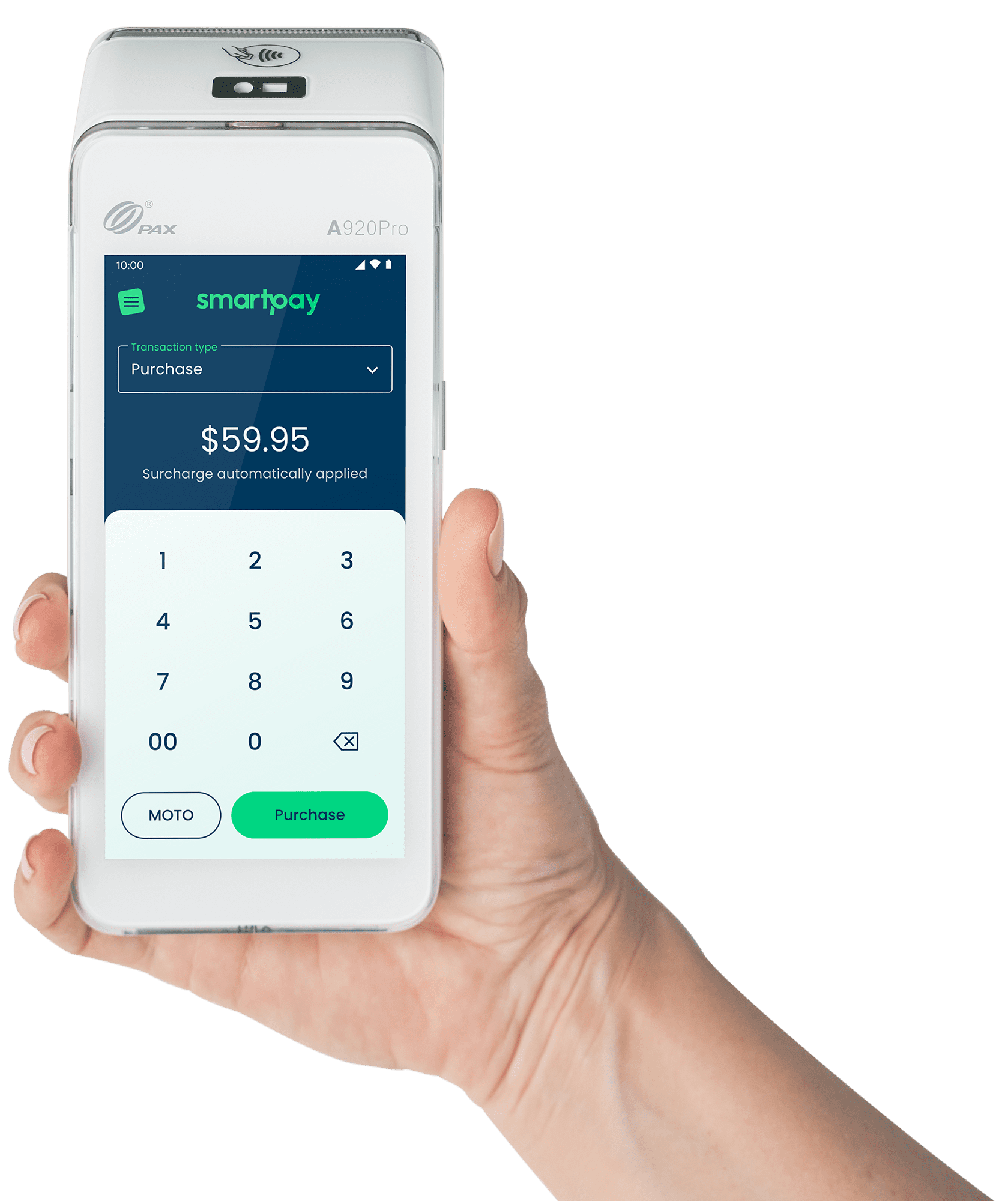 Hand holding Smartpay Android terminal with payment screen on