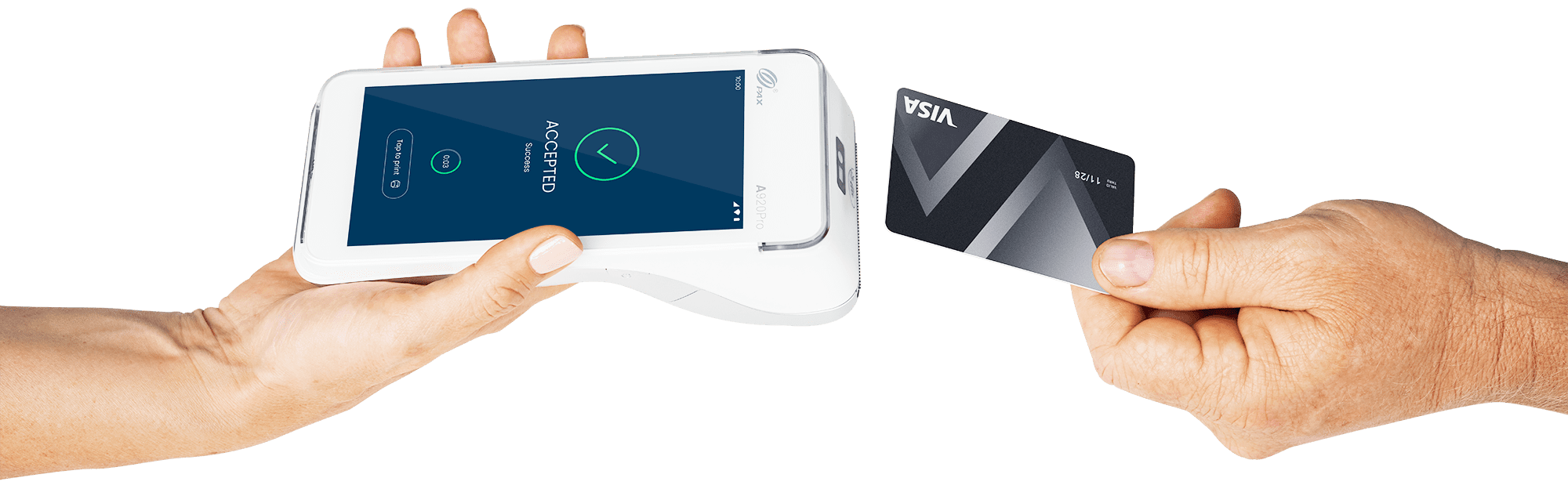 Hand holding Visa card tapping Android Terminal making successful payment