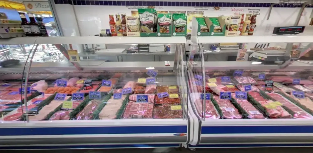 Meats in display case at Butcher